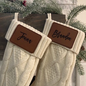 Christmas stockings, leather patch stockings, Christmas decorations, fireplace Christmas decor, personalized stocking, stockings tags,