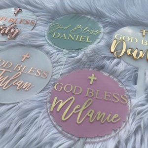 First Communion Cake Topper, Dedication Cake Topper, Custom Acrylic Cake Topper, Baptism cake decor, Gold God Bless Cake Topper, rose gold