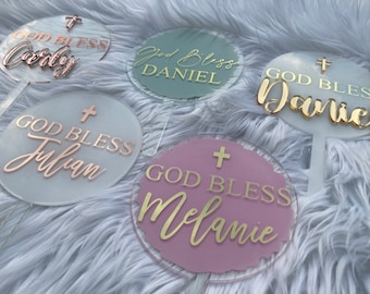 First Communion Cake Topper, Dedication Cake Topper, Custom Acrylic Cake Topper, Baptism cake decor, Gold God Bless Cake Topper, rose gold