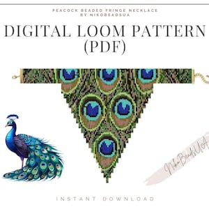Peacock Fringe Loom pattern for beaded necklace, feather pattern, DIY fringe necklace pattern for Miyuki Delica