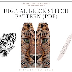 Puede incluir: Patrón digital de punto de ladrillo (PDF) para pendientes de cuentas de leopardo. El diseño presenta una cara de leopardo detallada en tonos marrones, beige y negros. La imagen también incluye una ilustración en blanco y negro de una cabeza de leopardo.