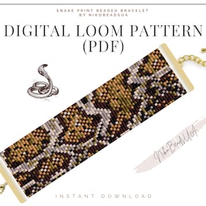 May include: Digital loom pattern for a snake print beaded bracelet. The pattern is in PDF format and includes a close-up of the bracelet with gold clasps. The image also includes a snake illustration.