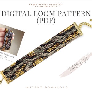 May include: A digital loom pattern for a snake beaded bracelet. The bracelet is made with gold, black, brown, and gray beads. The pattern is available as a PDF download. The image also shows a sample of the bracelet made with Toho 11/0 beads.