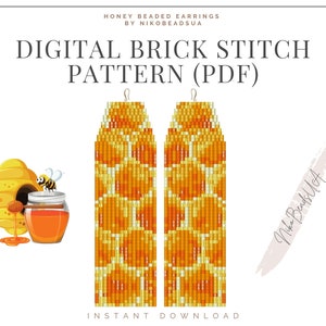 Könnte beinhalten: Digitales Ziegel-Stichmuster für Perlenohrringe in Form von Bienenwaben. Das Muster ist im PDF-Format und zum sofortigen Download verfügbar. Das Bild zeigt auch einen Cartoon-Bienenstock und ein Honigglas.