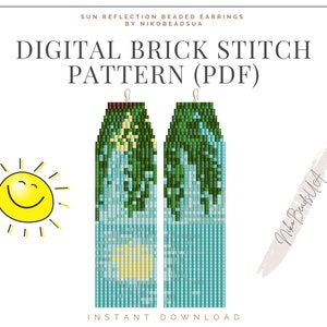 May include: Digital brick stitch pattern for beaded earrings, featuring a sun reflection design with blue, green, and yellow beads. The pattern is available as a PDF download. "INSTANT DOWNLOAD" and "Niko Beads UA" are written on the image.