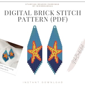 May include: Digital brick stitch pattern for beaded earrings featuring a starfish design. The pattern is available as a PDF download. The image shows a sample of the earrings made with Preciosa 10/0 beads.