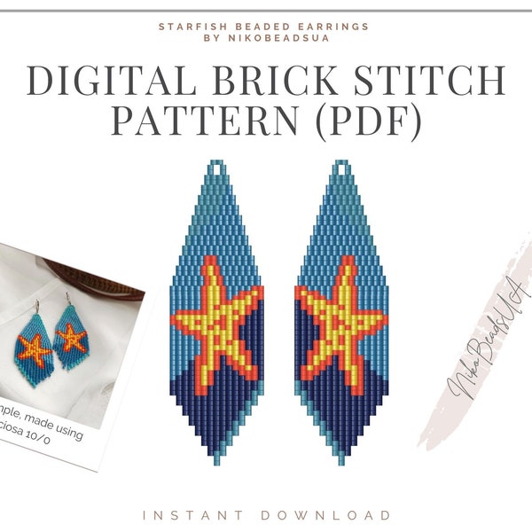 Starfish Brick Stitch pattern for fringe beaded earrings, bright multicolor pattern, DIY beaded earring pattern, orange star pattern