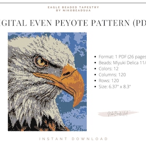 Könnte beinhalten: Ein digitales Muster zum Perlen eines Adlers mit Miyuki Delica Perlen. Das Muster ist für geraden Peyote-Stich und umfasst 12 Farben, 120 Spalten und 120 Reihen. Das fertige Stück wird 16,2 cm x 21,1 cm groß sein.