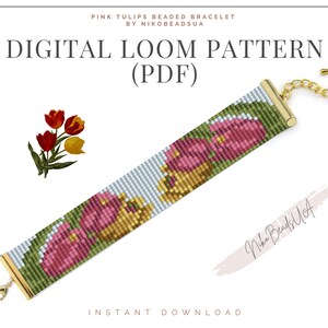 Tulips Loom pattern for beaded bracelet, flower pattern, DIY beaded bracelet pattern for Miyuki Delica