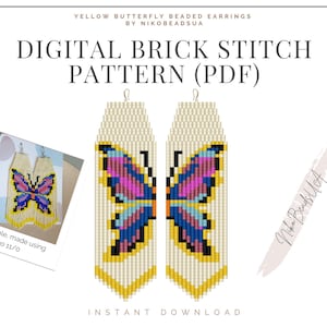 Puede incluir: Patrón de punto de ladrillo digital para pendientes de cuentas con una mariposa amarilla con alas rosas, azules y amarillas. El patrón está disponible para descargar en PDF. La imagen también muestra una muestra real de los pendientes hechos con cuentas Toho 11/0.
