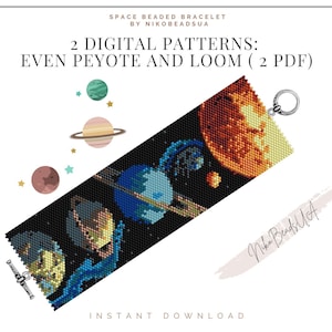 Puede incluir: Un brazalete de cuentas con temática espacial, con planetas, estrellas y un fondo de galaxia. El brazalete está hecho con técnicas de tejido de peyote par y telar. La imagen incluye el texto "SPACE BEADED BRACELET BY NIKOBEADSUA 2 DIGITAL PATTERNS: EVEN PEYOTE AND LOOM (2 PDF) INSTANT DOWNLOAD Nika Beads UA"