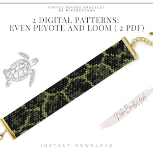 May include: A green and black beaded bracelet with a gold clasp. The bracelet features a turtle design. The image includes the text "TURTLE BEADED BRACELET BY NIKOBEADSUA 2 DIGITAL PATTERNS: EVEN PEYOTE AND LOOM (2 PDF) INSTANT DOWNLOAD Nika Beads UA"