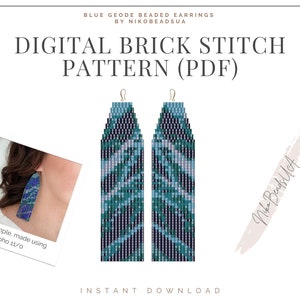 May include: Digital brick stitch pattern for beaded earrings in blue, green, and black colors. The pattern is for download in PDF format. The image shows a pair of earrings made using the pattern.