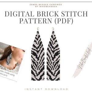 May include: Digital brick stitch pattern for beaded zebra earrings. The pattern is in PDF format and includes a photo of the finished earrings. The earrings are made with black and white beads.