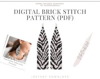 Zebra Brick Stich Muster für Fransen Perlen Ohrringe, Zebra Haut Muster, DIY Perlen Ohrringe Muster, gestreifte Ohrringe, Tier Druck PDF