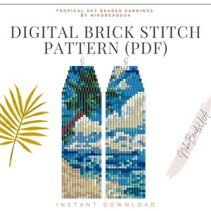Puede incluir: Patrón de punto de ladrillo digital para pendientes de cuentas con una escena de cielo tropical con palmeras, nubes y olas del océano. El patrón está disponible para descargar en PDF.  "Nika Beads UA" está escrito en la esquina inferior derecha.