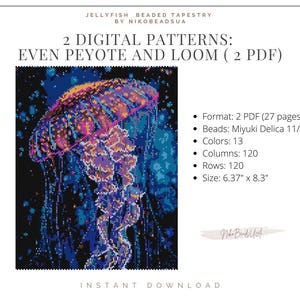May include: A digital pattern for a beaded jellyfish tapestry. The jellyfish is a vibrant blue, purple, and pink with a black background. The pattern is available in two formats: even peyote and loom. The pattern is 6.37 inches by 8.3 inches and uses 13 colors of Miyuki Delica 11/0 beads.