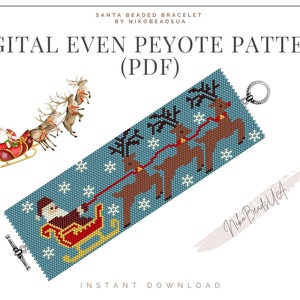 Santa and deer even peyote pattern for beaded bracelet, Christmas pattern, DIY beaded bracelet pattern for Miyuki Delica