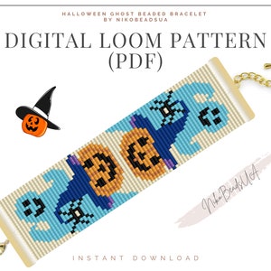 Könnte beinhalten: Digitales Webmuster für ein Halloween-Geister-Perlenarmband mit Kürbissen und Spinnen. Das Muster ist im PDF-Format und ein sofortiger Download.