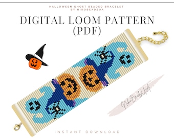 Halloween Ghost Loom pattern for beaded bracelet, pumpkin pattern, DIY beaded bracelet pattern for Miyuki Delica