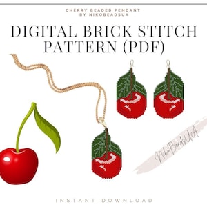 Cherry Brick Stitch pattern for beaded earrings, keychain or pendant, DIY beaded earrings pattern for Miyuki Delica