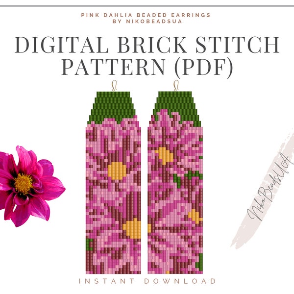 Pink Dahlia Brick Stitch pattern for fringe beaded earrings, flower pattern, DIY beaded earrings pattern for Miyuki Delica