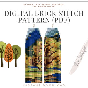 May include: Digital brick stitch pattern for beaded earrings featuring an autumn tree design with blue, green, brown, and yellow beads. The pattern is available as a PDF download. "INSTANT DOWNLOAD" and "Niko Beads UA" are printed on the image.