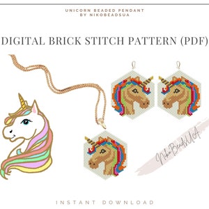 Puede incluir: Patrón digital de punto de ladrillo para un colgante y pendientes de unicornio con cuentas. El patrón incluye una cabeza de unicornio colorida con una melena y un cuerno arcoíris. El patrón está disponible para descargar en PDF.