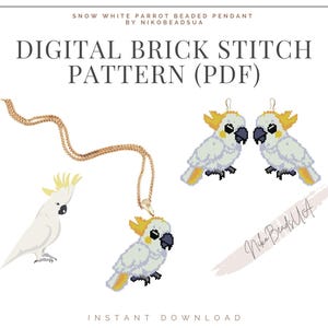 Peut inclure: Motif numérique de point de brique (PDF) avec un pendentif perlé perroquet blanc neige. L'image montre une chaîne dorée avec un pendentif perroquet, deux boucles d'oreilles perroquet et une illustration de perroquet. Texte: "Téléchargement instantané".