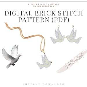May include: Digital brick stitch pattern (PDF) featuring a beaded pigeon pendant, earrings, and a flying pigeon illustration. The design includes a gold chain necklace. The text reads "Pigeon Beaded Pendant by NikoBeadsUA" and "Instant Download."