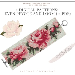 Tender Peonies even peyote and loom patterns for beaded bracelet, flower pattern, DIY beaded bracelet pattern for Miyuki Delica