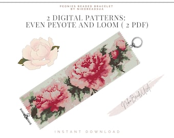 Tender Peonies even peyote and loom patterns for beaded bracelet, flower pattern, DIY beaded bracelet pattern for Miyuki Delica