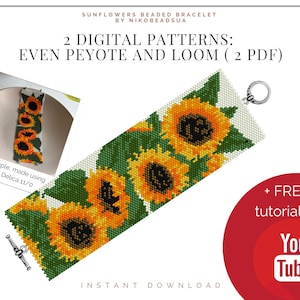 Sunflowers even peyote and loom patterns for beaded bracelet, flower pattern, DIY beaded bracelet pattern for Miyuki Delica