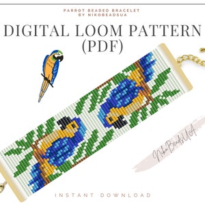 May include: Digital loom pattern for a beaded bracelet featuring a parrot in a leafy design. The pattern is available as a PDF download.  "Nika Beads UA" is printed on the bracelet.