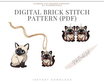 Puede incluir: Patrón PDF de punto de ladrillo digital para un colgante de gato siamés con cuentas. El patrón incluye dos gatos siameses con ojos azules y una cadena dorada.