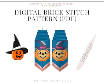 Halloween Pumpkin with Hat Brick Stitch pattern for fringe beaded earrings, Halloween pattern, DIY beaded earrings pattern for Miyuki Delica