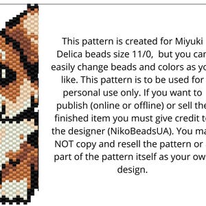 Puede incluir: Una imagen pixelada de un perro corgi, creada con cuentas. La imagen va acompa&ntilde;ada de un texto que explica que el patr&oacute;n es solo para uso personal y que se debe dar cr&eacute;dito al dise&ntilde;ador si el patr&oacute;n se utiliza para crear y vender art&iacute;culos.