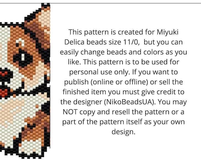 Puede incluir: Una imagen pixelada de un perro corgi, creada con cuentas. La imagen va acompa&ntilde;ada de un texto que explica que el patr&oacute;n es solo para uso personal y que se debe dar cr&eacute;dito al dise&ntilde;ador si el patr&oacute;n se utiliza para crear y vender art&iacute;culos.