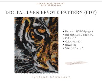 Tiger Face even peyote pattern for beaded tapestry, animal pattern, DIY beading pattern for Miyuki Delica