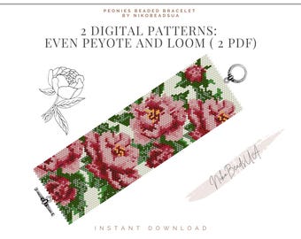 Peonies even peyote and loom patterns for beaded bracelet, flower pattern, DIY beaded bracelet pattern for Miyuki Delica