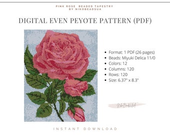 Pink Rose even peyote pattern for beaded tapestry, floral pattern, DIY beading pattern for Miyuki Delica