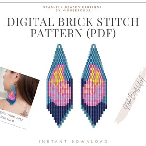 May include: Digital brick stitch pattern for beaded earrings in the shape of seashells. The pattern is shown in blue, pink, yellow, and white beads. The pattern is available as a PDF download. The image also shows a real sample of the earrings made with Preciosa 10/0 beads.
