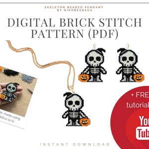 Peut inclure: Patron de point de brique numérique pour un pendentif squelette perlé avec une citrouille. Le patron est disponible en téléchargement PDF et comprend un tutoriel gratuit sur YouTube.