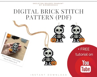 Halloween Skeleton Brick Stitch pattern for beaded earrings, keychain or pendant, DIY beaded earrings pattern for Miyuki Delica
