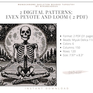 Monochrome Skeleton even peyote and loom patterns for beaded tapestry, spooky pattern, DIY beading pattern for Miyuki Delica