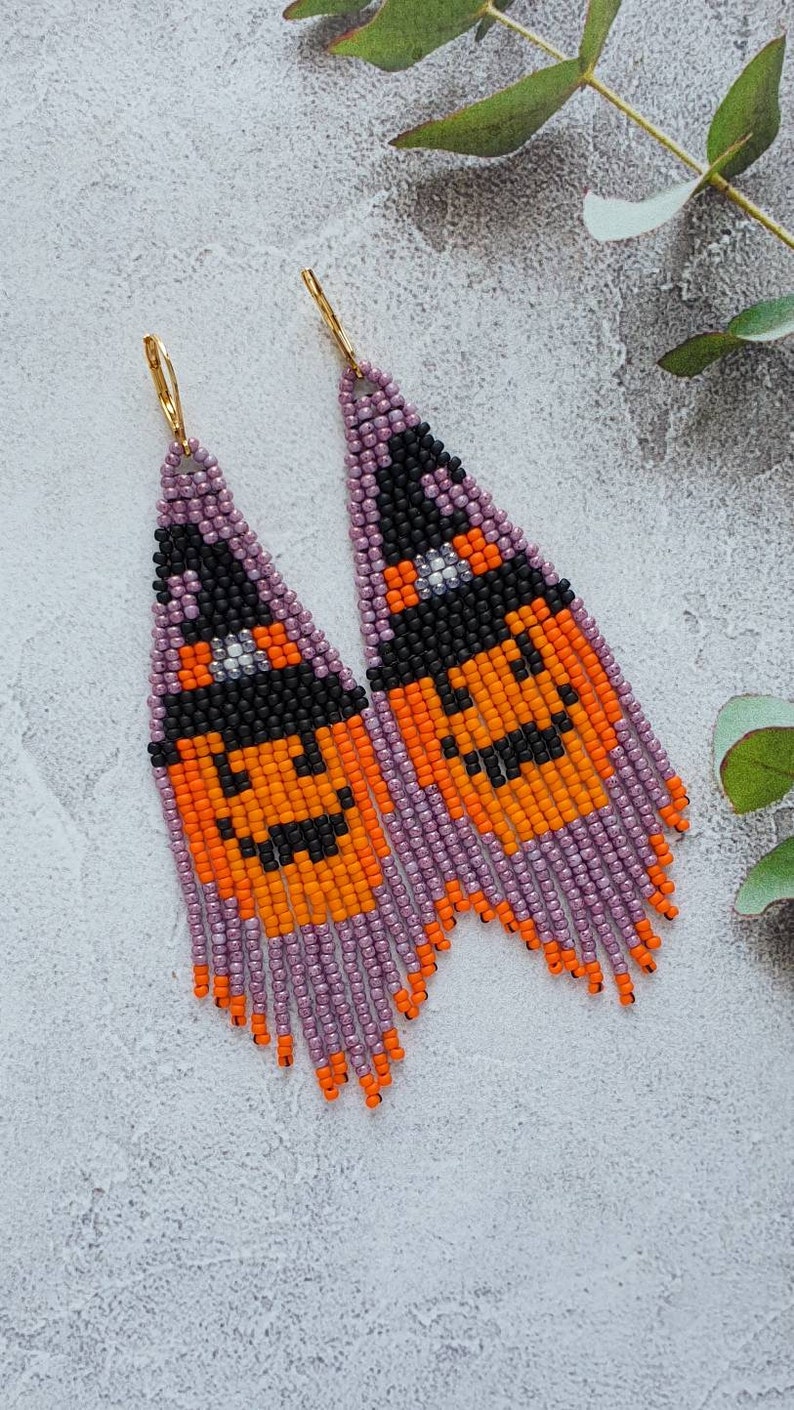 Jack O Lantern earrings beaded fringe earrings Halloween Etsy