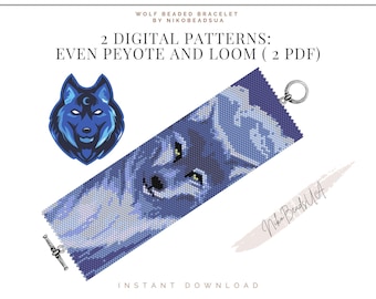 Wolf even peyote and loom patterns for beaded bracelet, animal pattern, DIY beaded bracelet pattern for Miyuki Delica
