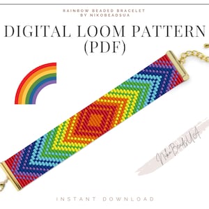 May include: Rainbow beaded bracelet loom pattern PDF digital download. The pattern features a rainbow design with a diamond shape in the centre.