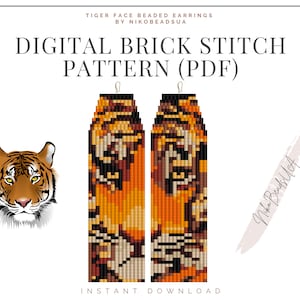Tiger Face Brick Stitch pattern for fringe beaded earrings, animal pattern, DIY beaded earrings pattern for Miyuki Delica