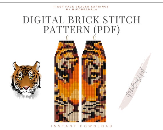 Tiger Face Brick Stitch Pattern for Fringe Beaded Earrings Animal